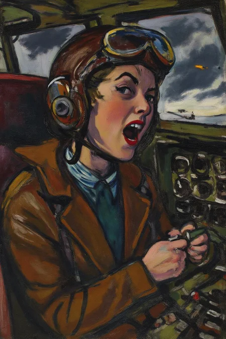 henrylymansayen1 painting.
A female pilot screaming inside the cockpit of a World War II bomber. The pilot, wearing a vintage leather flight helmet with goggles and a bomber jacket, grips the controls with white-knuckled hands. Her face is contorted in a mix of fear and determination as she yells, her eyes wide with adrenaline. The cockpit is cramped and filled with old-fashioned dials and gauges, with the outside view showing dark stormy clouds and distant anti-aircraft fire 
 <lora:henrylymansayen1_cap_d6a3:1.0><lora:861471123022326703:0>