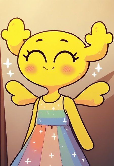 score_9, score_8_up, score_7_up, source_cartoon, 1girl, solo, pennyshellless, yellow skin, brown eyes, two horns, two wings, no fingers, yellow hair, tall girl, smile, sparkle in the eyes, cute, blush, closed eyes, ^^, happy, holographic dress, princess dress, room, cute doodle