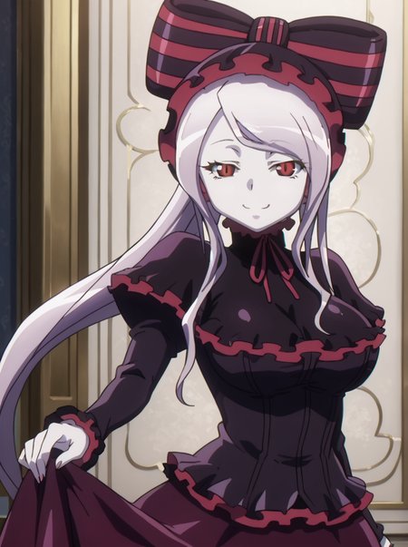 detailed background, shiny skin, posing, rating safe,
<lora:shalltear.pony:1>,
shalltear,
large breasts, 
cowboy shot, 
leaning, greeting, half-closed eyes, holding skirts, looking at viewer, smile,