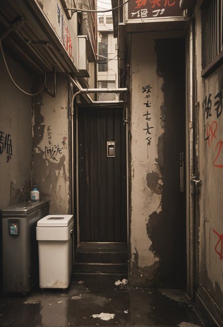 ,ruanyi1205,outdoors,dirty,alley,air conditioner,door,graffiti,<lora:1205 Old-time Hong Kong alley_v1_pony:1>, score_9, score_8_up, score_7_up, score_6_up, score_9, score_8_up, score_7_up, score_6_up source_anime, blush, 1girl, seduce smile, perfect body , natural huge breasts