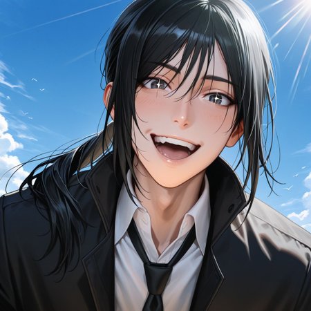 masterpiece, best quality, amazing quality, absurdres, newest, detailed background, definition so sharp, Ultra-HD, 8K cinematic, very awa, impressionate, amazing quality, highres, 
solo, male focus, manly, day, sunbeam, blue sky,
kurohyatogami, kuroh_black hair, kuroh_black eyes, 1boy, low tied hair, long hair, black coat, high collar, white collared shirt, black tie, 
excited, big smile, open mouth, looking at viewer, sparkling eyes, proud, sparkle