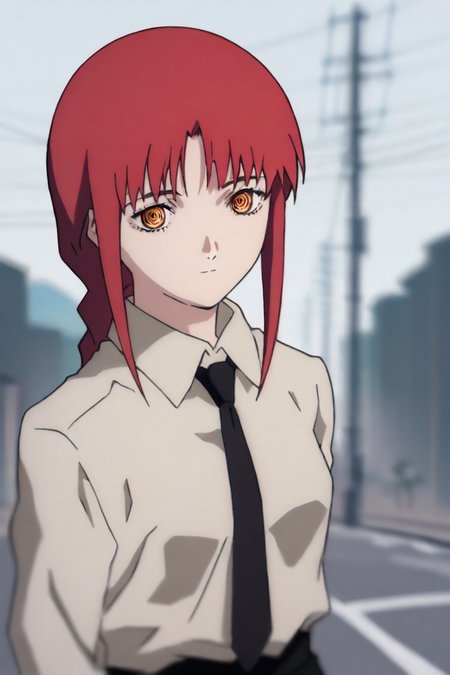 <lora:mak1ma0XL_Pony_v1:1> , mak1ma0, makima,  red hair, long hair, ringed eyes, braid, white collared shirt,black necktie, black pants, 1girl, solo, alone, upper body,  <lora:serial_experiment_lain_style_illustriousXL:0.8>,  serial_experiment_lain_style, blurry, street, power lines, masterpiece, highres