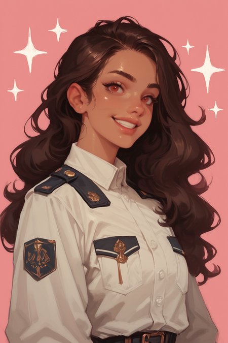 1girl, solo, long hair, smile, black hair, looking at viewer, upper body, speech bubble, red eyes, grin, shirt, wavy hair, white jacket, uniform, jacket, breasts, pink background, long sleeves, brown hair, white shirt, sparkle, zPDXL3, detailxl,  Score_PnyReal, (lineless:1.5)