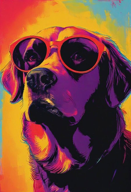 impactful color paint of, a Golden Retriever, wearing dark sunglasses, highly detailed, vibrant colors , 8k, sharp, professional, clear, high contrast, high saturated, , vivid deep blacks, crystal clear