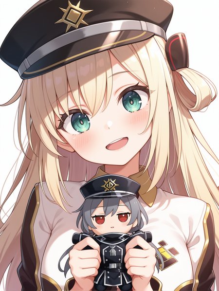 blush, simple background, white background, solo, holding doll, character doll, head tilt, open mouth, 2girls, smile, upper body, sky striker ace - raye, ordinary uniform, brown hair ornament, white cropped jacket, brown waist cape, white collared dress, brown necktie, sky striker ace - roze, black peaked cap, black scarf, black military uniform,
masterpiece,best quality,amazing quality,very aesthetic,absurdres,newest,<lora:Sky striker ace - Raye & Roze illusXL v1.1:0.71>,