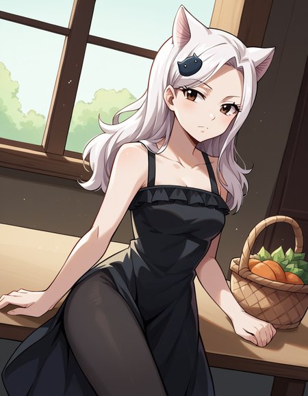 score_9, score_8_up, score_7_up, source_anime, <lora:fairytail-carla-anime-ponyxl-lora-nochekaiser:1>, fairy tail carla, long hair, hair ornament, animal ears, brown eyes, white hair, cat ears,, dress, pantyhose, black dress, black pantyhose, frills, bare shoulders, collarbone,, farmers market, fresh produce, local vendors, baskets, sunny day, community, , , arm resting on table, solo,, cowboy shot, dutch angle