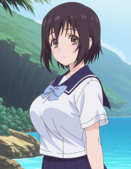 masterpiece, best quality, amazing quality,, <lora:kotone-shirakawa-ona-illustriousxl-lora-nochekaiser:1>, kotone shirakawa, short hair, black hair, brown eyes, mature female, breasts, anime screencap, skirt, shirt, bow, school uniform, white shirt, short sleeves, pleated skirt, serafuku, bowtie, blue skirt, blue bow, blue bowtie, from side, island, water, tropical, trees, isolation, cowboy shot, solo, looking at viewer