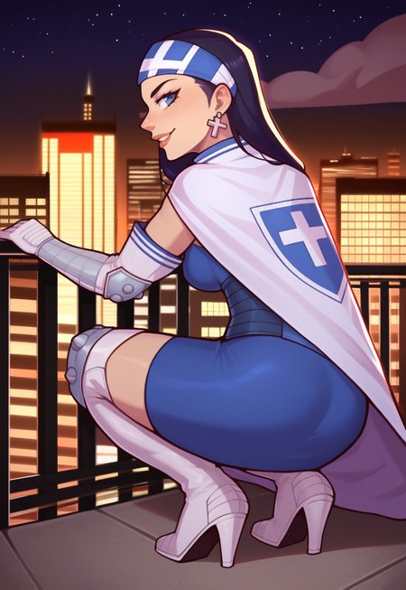 safe_pos, score_9, score_8_up, score_7_up, masterpiece, absurdres, source_anime, ng_deepnegative_v1_75t,  detailed, (perfect anatomy:1.1), perfect body, (perfect hands:1.2), fullbody shot, night, rooftop, railing, city lights
BREAK 
bethsmtii, long hair, black hair, (headband, cross symbol), blue bodysuit, blue skirt, cape, elbow gloves, thigh boots, cross earrings, crouching, hand supporting chin, ((looking to the viewer)), smile, curvy:0.9, close legs 