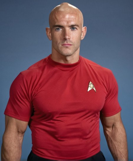 1boy, 20 year old male, Handsome, masculine, blonde, star trek, red shirt, muscle,  tall, tight shirt, wide pectorals, big shoulders, wide shoulders, muscular neck, German, bald, big pale blue eyes, abs, biceps,

stunf, star trek uniform,