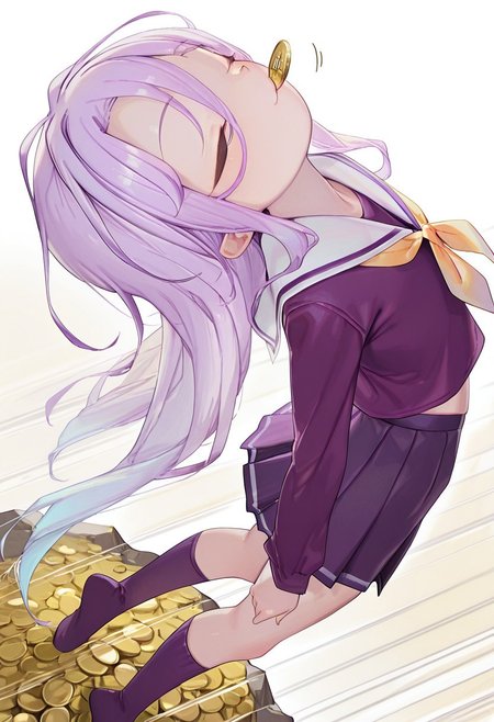 masterpiece, best quality, amazing quality, very aesthetic, absurdres, newest, 
yyqw7151_illu, Henreader, petite, thin, short girl,
shiro \(no game no life\), 1girl, solo, long hair, flat chested, closed eyes, purple shirt, white sailor collar, yellow neckerchief, purple skirt, pleated skirt, purple socks, no shoes, gold coin,
comical, jump, midair, coin in mouth, :3, arms at sides, speed lines, from above, twisted body, arched back, full body,
jump off cliff,