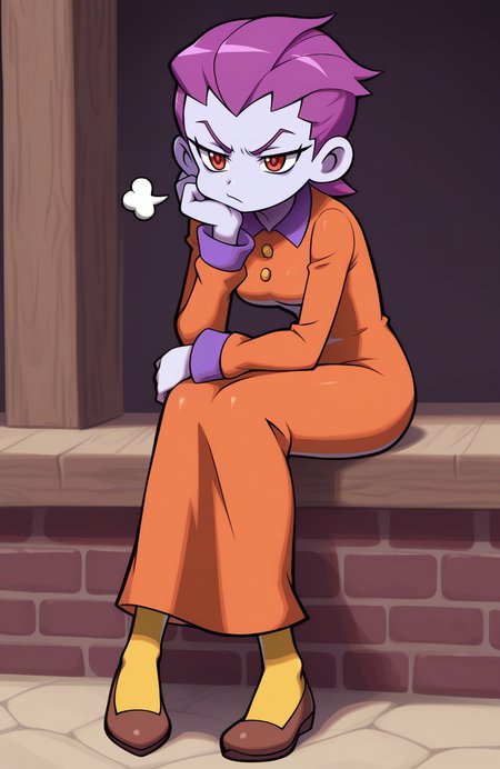 1girl, solo,  <lora:PiratesCurse:1> prtcrs,
risky boots, purple skin, purple hair, very short hair, hair slicked back, red eyes, orange dress, collared dress, mini, long sleeves, yellow pantyhose, brown flats,
sitting, head resting on hand, bored sigh, half-smile, annoyed attitude, extremely detailed, highres, masterpiece, best quality