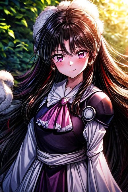masterpiece,  best quality 1girl Setsun4 solo long hair,  (night time) forest background black hair very long hair purple eyes multicolored hair armor (fur trim) (medium body),<lora:EMS-179-EMS:0.800000>,<lora:EMS-293862-EMS:0.800000> bow, hair_bow, hair_tubes, red_bow, brown_hair, long_hair, bangs, sidelocks, ascot, brown_eyes, frilled_bow, yellow_ascot, blush, smile, hair_between_eyes