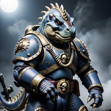 <lora:person_XL_chonkasaurus:0.5> photograph of (chonkasaurus:1),dressed as a space marine, ultra marine, in the style of warhammer 40k