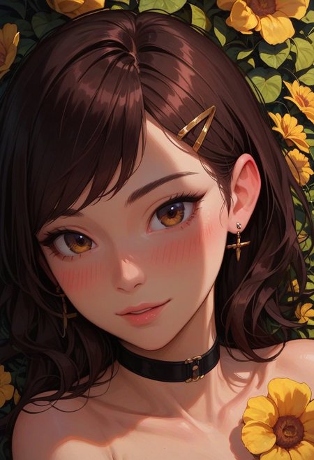 score_9_up, score_8_up, score_7_up, score_6_up, 1girl, 25 years old, perfect face, cute, petite,
detailed face, blush, shy smile, portrait, face focus, depth of field, looking at viewer, close up,   
brown eyes,
brown hair, swept bangs, hair ornament, hairclip, black choker, 
strapless, yellow tube top, 
earrings, 
dynamic pose, dynamic angle, 
garden, yellow flowers,