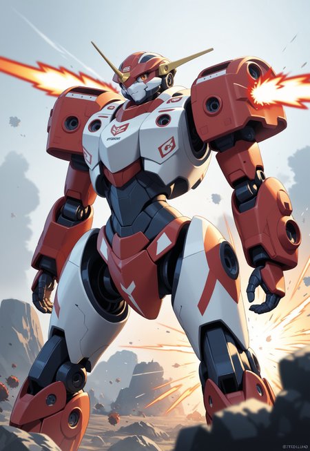 PonyXLV6_Scores BREAK prcl3nm1x, Dynamic battle scene featuring (mecha:1.3) warriors clashing in a (futuristic:1.2) landscape, (explosions:1.4) and (energy blasts:1.3) illuminating the sky, intense expressions, (detailed armor:1.2), dramatic poses, swirling dust, cinematic lighting, inspired by (Yoshiyuki Tomino:1.4) and (Makoto Shinkai:1.3)