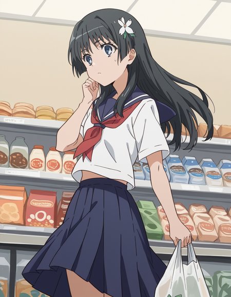 score_9, score_8_up, score_7_up, source_anime, <lora:saten-ruiko-s3-ponyxl-lora-nochekaiser:1>, saten ruiko, black hair, blue eyes, long hair, hair ornament, flower ornament,, blue skirt, pleated skirt, sakugawa school uniform, school uniform, serafuku, skirt, summer uniform,, grocery store, cashier, shopping bag, scanning items, small talk, everyday routine, , , elbow up, foot forward, hand on chin, solo,, cowboy shot, dutch angle
