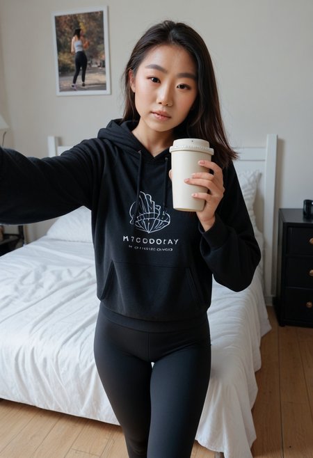 <lora:model_asian_nobody_pxl:1> score_9,	score_8_up,	score_7_up,	score_6_up,	score_5_up,	score_4_up,	realistic, 1girl, holding coffee, morning, hoodie, yoga pants, breasts, backseat, selfie, leather seating, luxury
