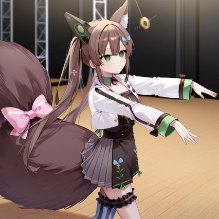 highres, masterpiece, best quality, very aesthetic, absurdres, (empty eyes), hypnosis, mind control1girl, chigusa hana, solo, virtual youtuber, long hair, brown hair, twintails, animal ears, hair between eyes, green eyes, hair ornament, cropped jacket, long sleeves, white jacket, collar, flower, black dress, pleated skirt, large tail, bridal garter, striped, single thighhigh, asymmetrical legwear, tail bow, (zombi3_wa1k, outstretched_arms, walking,), stage, wood floor, cowboy shot, expressionless,  from side,