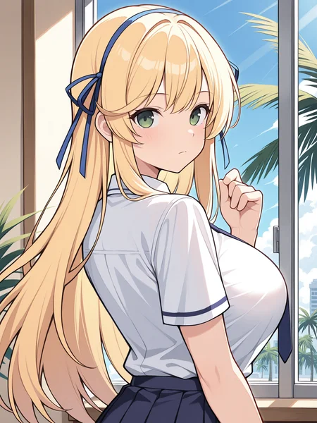 masterpiece, best quality, amazing quality, artist:[limberbreak], by limberbreak, thick outlines, bold outlines, heavy line art, graphic black lines, strong contours, black outlines
(solo:1.4), Katsuragi_IL, green eyes, long blonde hair, blue hair ribbon, double hair ribbon, large breasts, Katsuragi_School, school uniform, blue necktie, white buttoned shirt, pleated skirt
looking at viewer, tree, flower, looking back, palm tree, upper body, expressionless, sky, from behind, window, indoors, day, black flower, hand up, closed mouth
<lora:SK_Katsuragi_IL:0.8>