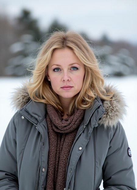 SFW, brightly lit, young, The image is a portrait of a woman standing in a snowy landscape. She is wearing a gray puffer jacket with a fur hood and a brown scarf around her neck. Her blonde hair is styled in loose waves and she is looking off to the side with a serious expression on her face. The background is blurred, but it appears to be a snowy field with trees in the distance. The overall mood of the image is cold and wintery., aidmaimageupgrader<lora:flux\custom\celebrity\lisa-hartman.safetensors:1.0:1.0> <lora:turbo-8-step-flux.safetensors:0.5:0.5> <lora:flux\style\Common\aidmaImageUprader-FLUX-v0.3.safetensors:0.25:0.25>