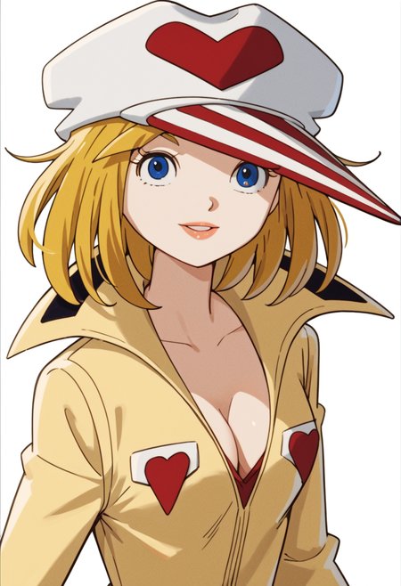 1girl, solo, yatterman2, yellow jumpsuit, hat, blonde hair, blue eyes, parted lips, smile, looking at viewer, cleavage, medium breasts, white background, score_9, score_8_up, score_7_up, score_6_up, score_5_up, score_4_up, best quality, masterpiece, source_anime, <lora:Ai_Kaminari__Ai-chan__Yatterman-2_Yatterman__YattÄman_19771979:1>