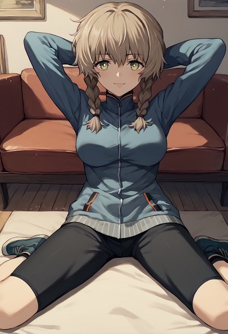 score_9, score_8_up, score_7_up, source_anime,  1girl, kneeling, spread legs,   <lora:Wariza 2-000007:1>    <lora:Shion lorer 4:1> <lora:Amane Suzuha:1> amane suzuha, short hair, twin braids, green eyes, brown hair, blue jacket, black shorts, arms behind head, front view, indoors, looking at viewer,