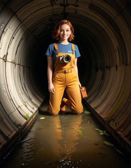 A young woman, April O'Neil, stands confidently in front of a large, circular sewer pipe,L4rg3 s3w3r p1p3. She has vibrant red, shoulder-length wavy hair and wears her iconic bright yellow jumpsuit with utility-style details, such as rolled-up sleeves and visible pockets. A brown utility belt is fastened around her waist. She holds a microphone or a small camera in one hand, highlighting her role as a journalist. Her expression is determined and slightly smiling, radiating courage and curiosity.
The sewer pipe behind her is massive and weathered, with green moss and moisture stains around its edges. The interior of the pipe is dark and shadowy, while the exterior is illuminated by soft natural light. There is a small puddle of water or wet ground in front of the pipe, reflecting faint light.
The background features an urban, industrial setting with worn brickwork surrounding the sewer opening, showing signs of age and decay. Small wild plants and grass grow around the base, adding a touch of nature to the scene.
The lighting is soft and dramatic, with natural sunlight streaming in and casting gentle reflections on the ground and inside the pipe. The image is styled as a semi-realistic illustration with vivid, bright colors for April O'Neil, contrasting with the muted, earthy tones of the background. The overall mood is adventurous and cinematic.<lora:SDXLFaeTastic2400:0.4> <lora:extremely_detailed:0.4> extremely detailed, <lora:L4rg3_s3w3r_p1p3:1>, Masterpiece,best quality,hi res,8k,hi res,8k,award winning,(sharp focus, intricate, highly detailed),