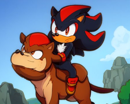shadow the hedgehog \(sonic\), horse, horseback riding, riding   <lora:shadowTheHedgehogSonic_v1:1>