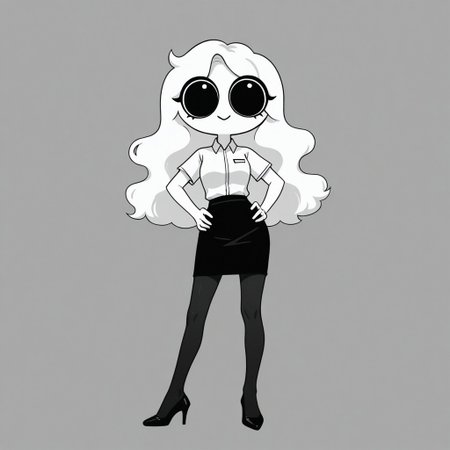 Xiaro, 1girl, solo, monochrome, big eyes, long wavy white hair, white short-sleeved office shirt, black skirt, black pantyhose, black heels
Xiaro smiling with her hands on her hips
 cartoon, simple, minimalist, plain style