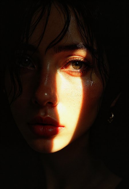 80's girl ,cinematic 8mm film style, cinematic, 1980's, Kodak 250D,
Central composition: A woman’s face dominates the frame, illuminated by a stark, dramatic flash of light that carves her features from the darkness, her tear-filled eyes glistening with hyperreal foveal sharpness, reflecting a profound melancholy and unspoken longing, her subtly downturned mouth trembling with restrained grief. Foreground: The light etches every detail—moist tears clinging to her lashes, the delicate texture of her pale ivory skin faintly flushed with sorrow, contrasted by deep charcoal shadows pooling beneath her eyes. Midground: Delicate strands of hair drift across her face, catching the blinding light and casting intricate, elongated shadows that ripple over her skin, their velvety edges softening the harsh dichotomy of illumination and abyss. Background: An impenetrable void of absolute blackness swallows the frame’s edges, intensifying her isolation, with subtle hints of desaturated violet bleeding into the shadows, amplifying the melancholic weight. The air feels heavy with the faint scent of rain and a distant, mournful sigh, her face a frozen moment of heart-wrenching beauty revealed in extreme chiaroscuro. Rendered in 8K ultra-HD resolution with cinematic tonemapping, inspired by Caravaggio’s stark contrasts fused with modern digital precision.