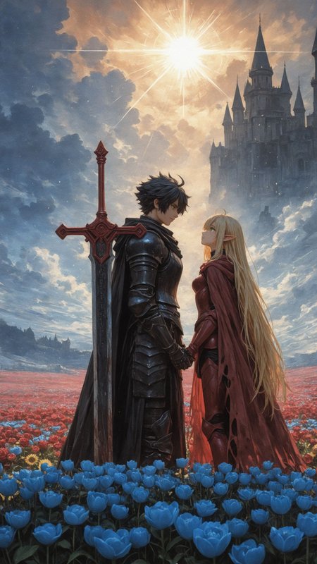1boy, 1girl, elf, (oil painting \(medium\):1.3), (watercolor effect:1.2), portrait, <lora:add-detail-xl:1>,
masterpiece,best quality,
black hair, spiked hair, ahoge, armored knight, full plate armor, black armor, battle-worn plate armor, torn cape, black cape, graceful elf woman, very long hair, blonde hair, pointy ears, blue eyes, yellow eyes, red plate armor, dark crimson cloak, facing another, looking at another,
standing in a field of red roses, blue tulips, yellow sunflowers, (planted greatsword),holding hands, sunlight breaking through dramatic storm clouds, a distant gothic castle in the horizon, epic scene, cinematic composition, fantasy setting, atmospheric lighting, painterly brushstrokes, medieval fantasy aesthetic,
from the side, wide shot, side view