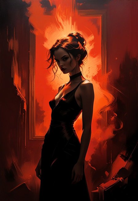 FLAT illustration, 2D, (orange, deep red and black duotone:1.5), (silhouette:0.35) of a (exalted:1.2), (irresistable:1.5), marvelous, female object of desire. (extremely seductive:1.5). perfect lascivious figure, duotone. clean high fashion. dynamic, arrogant inviting pose, dynamic angle. cinematic masterpiece. break the common rules. (((red light glare in dusty morning visual background oil painting erruption. mystic obscure mood.))). highly artistic. washed out. brushy. it's burning. deep inside
