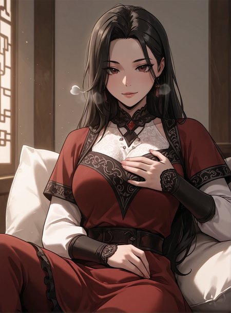 HDR,masterpiece, absurdres, newest, highres, very aesthetic, detailed eyes, fit body, godrays, ambient occlusion, soft lighting, highest quality, (volumetric lighiting:1.1), realistic skin, low lighting, trending on artstation, gothic,
adult, LGSPX, (anime screencap:1.3), anime screencap, Gu Huibi, black hair, long hair, dark red eyes, mature female,
BREAK
dress, reclining leisurely against a pile of pillows, one hand lazily caressing her own breast while the other trails seductively down her stomach, she exudes an air of confidence and sexuality that is simply irresistible
<lora:princess_xl_v2:0.6> <lora:add-detail-xl:0.25>  <lora:30_LOL:0.6>  <lora:g0th1cPXL:0.4>  <lora:Gu_Huibi-000091:0.7>