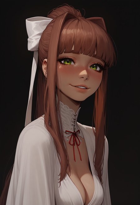 score_9, score_8_up, score_8. score_9, score_8_up, score_7_up, score_6_up, masterpiece, 4k, high quality, (best quality:1.1), ExpressiveH,(close up), face focus
BREAK
1girl, ddlcmonika, blunt bangs, brown hair, green eyes, long hair, ponytail, ribbon, white ribbon, hair ribbon, sidelocks, medium breasts, blushing, looking at viewer, seductive smile, g0dd3ss, white dress, cleavage
BREAK
black background