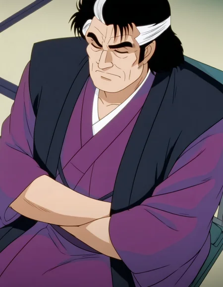 <lora:kaibara_yuzan_ill_0.90-000010:1>, yuzan, oldman, purple kimono, haori, sitting, crossed arm, closed eyes, solo,from above masterpiece, best quality, good quality, anime coloring,