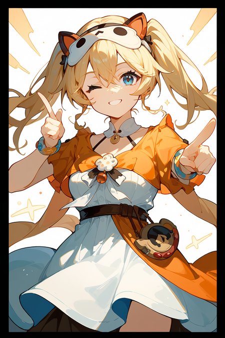 (score_9,score_8_up,score_7_up),<lora:Michele(kalabiqiu)-v1:1>,Michele(kalabiqiu),1girl,blonde hair,blue eyes,one eye closed,long hair,solo,looking at viewer,smile,bangs,closed mouth,dress,pointing at viewer,twintails,hair between eyes,pointing,short sleeves,white dress,headband,breasts,finger gun,border,hair ornament,mask,
good feet,anime,NSFW,expressive,amazing quality,ultra hd 32k,