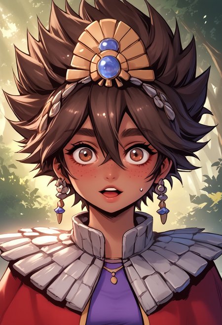 score_9, score_8_up, score_7_up, score_6_up, score_5_up, score_4_up, score_9, score_8_up, score_7_up, detailed, intricate details, chromatic aberration,  veins source_anime, , (best quality) , (highly detailed) ,((masterpiece)), ((best quality)), (ultra-detailed), ((extremely detailed)), (high resolution), 4K, (8K), best quality, (beautiful), (dynamic lighting), (super detailed skin), sharp focus, (1_girl, solo focus),  score_9,score_8_up,score_7_up,anime coloring, big eyes BREAK source_anime,anime, TaliyahLoLXL, dark skin, tanned skin, Dark skin female, dark skined, freckles, brown eyes, brown hair, short hair, sidelocks, hair between eyes, hair ornament, spiked hair, medium breasts, stone capelet, cape, red jacket, purple dress, solo,  front view, solo focus, wide eyed, panicked, panic, waving arms, mouth open, blushing, suprised, sweating, bewildered, hands up, looking at viewer, forest, tree <lora:TaliyahLoLXL:0.9>
(Upper body, portrait) , phantom_ix_row_style, masterpiece, best quality, <lora:PhantomIxRowStyle:0.9>, "Closer to artist's style"