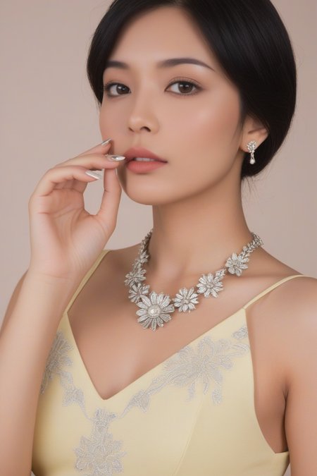 The image portrays a woman,holding a white flower close to her face. She possesses short black hair and wears a light yellow dress with intricate patterns. Around her neck is a delicate silver necklace,and she has on matching silver earrings. Her nails are painted with a design that complements the overall aesthetic of the image.,
