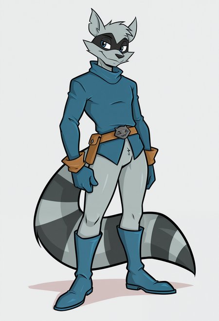 masterpiece,best quality,amazing quality, 1boy, solo, c00p3r, anthro raccoon, grey fur, blue eyes, eye mask, blue longsleeve shirt, cooper's belt, gloves, bottomless, blue boots, full body, raccoon tail,