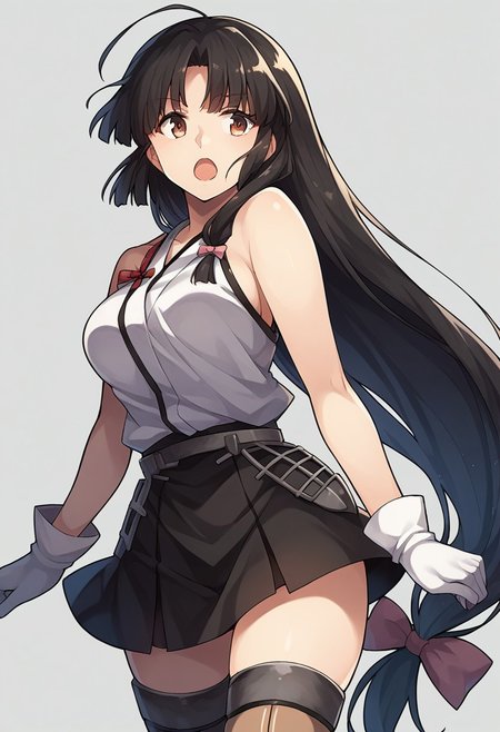 score_9, score_8, score_7, source_anime, shouhou (kancolle), thighhighs, cowboy shot, hadanugi dousa, open mouth, bare shoulders, zettai ryouiki, medium breasts, gloves