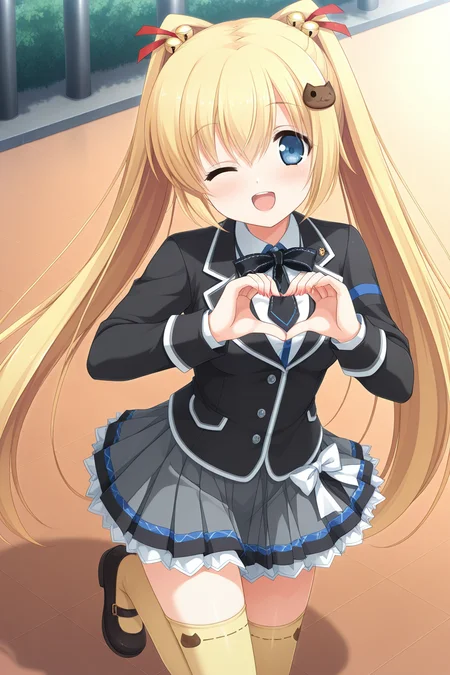 masterpiece, best quality, absurdres, official art, official style, rating general BREAK <lora:asasakameguri_IL_v1-4:0.7>, asasaka meguri, 1girl, solo, blue eyes, blonde hair, twintails, hair between eyes, very long hair, hair ribbon, red ribbon, hair bell, jingle bell, cat hair ornament, small breasts, school uniform, blazer, black jacket, buttons, long sleeves, pocket, striped sleeves, white shirt, collared shirt, (black bowtie:1.2), black necktie, (short necktie:1.2), waist bow, white bow, grey skirt, blue skirt, high-waist skirt, miniskirt, plaid skirt, pleated skirt, petticoat, zettai ryouiki, yellow thighhighs, print legwear, cat print, ribbon-trimmed legwear, mary janes, black footwear, one eye closed, heart hands, open mouth, smile, ;d, blush, looking at viewer, standing, cowboy shot, from above