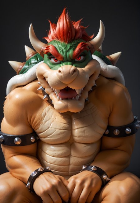 safe_pos, score_9, score_8_up, score_7_up, score_6_up, score_5_up, score_4_up, source_furry, hi res, solo, Bowser, Spiked Bracelets, Spiked Collar, Spiky Shell, red eyes,   anthro, male,  seductive look, sexy pose, biting lip