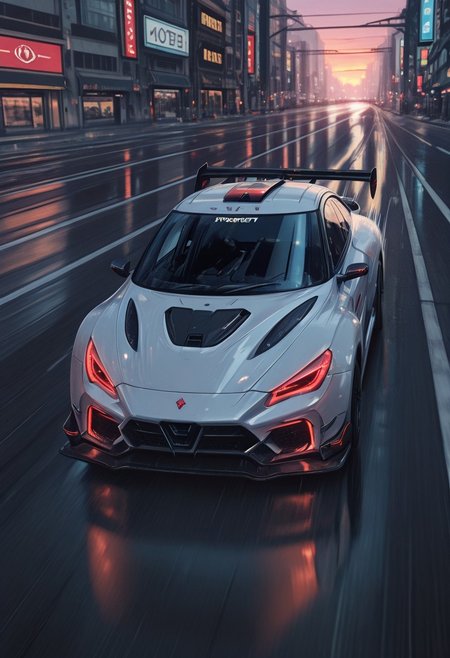 highres, very detailed, best quality, newest, masterpiece, 
(vamptech), 
citycars_illus, 
car, road, street, no humans, 
reflections, 
shadow, speed lines, motion blur, vehicle focus, 
twilight, low angle, futuristic,