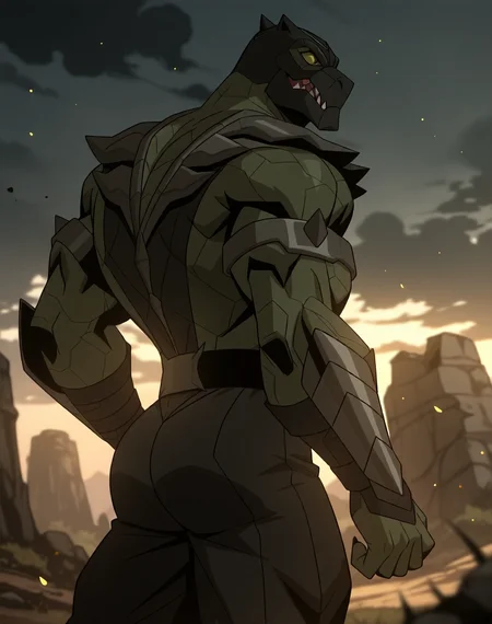 <lora:Reptile_(Mortal_Kombat_Legends_Scorpion's_Revenge)_(Illustrious)_(AD):1> Reptile_MK, muscular, Mortal Kombat, 
dutch angle, exterior, monumental architecture, wasteland, dark night sky with black clouds, mountains, ancient Asian stone ruins, 
male focus, gradient coloring, villain, cowboy shot, hyper muscular, side view, butt, 
BREAK very awe, aesthetically pleasing, masterpiece, best quality, amazing quality, very aesthetic, perfect depth of field shot, in'ei, source_furry, furry_art, 
Smooth Quality, lazympos, IllustQualXL_Pos,
