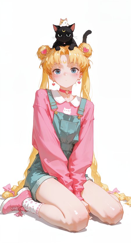 masterpiece,best quality,amazing quality,  tsukino usagi, 1girl, solo, long hair, looking at viewer, blush, blue eyes, shirt, blonde hair, long sleeves, hair ornament, white background, bow, closed mouth, jewelry, very long hair, sitting, twintails, full body, braid, heart, hair bow, earrings, shoes, choker, socks, puffy sleeves, hair bun, star \(symbol\), twin braids, parted bangs, double bun, animal, facial mark, wariza, cat, pink bow, crescent, between legs, pink shirt, hand between legs, forehead mark, pink footwear, heart hair ornament, on head, overalls, animal on head, heart earrings, pink sweater, heart choker, dot mouth, heart o-ring, crescent facial mark, cat on head, overall shorts, heart collar, overall skirt, dino_(dinoartforame),
tianliang duohe fangdongye, <lora:illustriousXL_stabilizer_v1.23:0.3> <lora:NOOB_vp1_detailer_by_volnovik_v1:0.3> <lora:ponyv6_noobE11_2_adamW-000017:0.3> <lora:96YOTTEA-WAI:0.5> <lora:dino_dinoartforameILL:0.8>