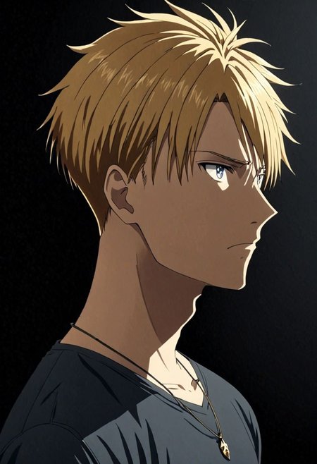 high resolution, solo, best quality, 1Boy, Yamato Ishida, Blond Hair, Necklace, potrait, dark shirt, looking at viewer, focused gaze forward, simple background, straight body, upper body, head upright, envy, OverallDetail