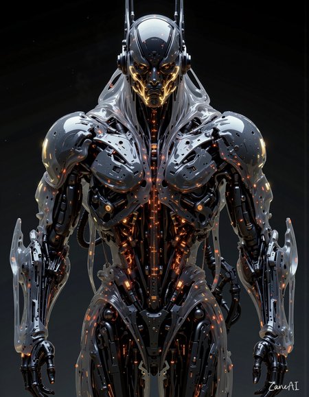 A hyper-realistic mercenary android. Its body is constructed from overlapping transparent resin plates, exposed servos, braided cables, and twitching fiber bundles. The outer frame is partially encased in a translucent resin exoskeleton, revealing the layered anatomy of its internal mechanics—glowing energy conduits and tension pistons beneath the surface.