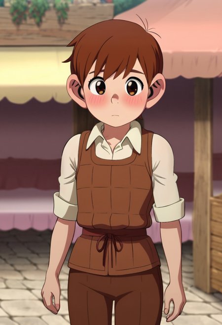 chilchuck tims with tiny ear, brown hair, brown eyes, solo, wear crop clothes, walking in market, blush, medium build body,