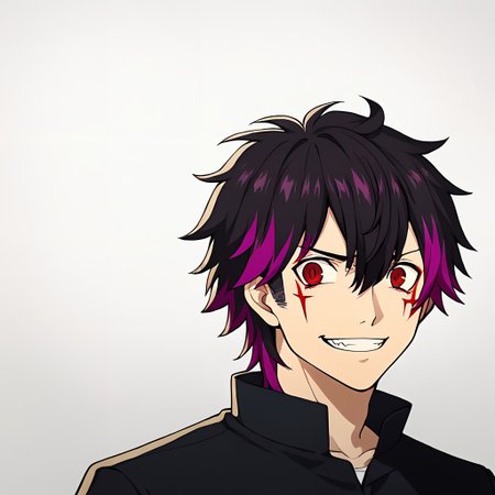 Score_9, score_8_up, score_7_up, source_anime, cowboy shot, masterpiece, best quality, upper body, portrait, (white background), solo, solo focus, 1boy, ((black hair)), short hair, spiky hair, ((hair straight up)), (hair between eyes), sharp top hair, ((slicked hair)), (((red eyes))), demonic eyes, ((purple string on bangs:1.3)), (colored bangs), (purple bangs), sharp teeths, smile grin, two colored hair, ((two-tone hair)), ((streaked hair:1.3)), (multicolored hair), purple hair, ((red eye tattoos)), (purple colored inner hair), <lora:colored inner hair:1>, ((purple hair tips)), <lora:_sdxl-gakuran-pony:0.8> (((black gakuran)))