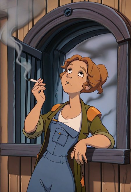 score_9, score_8_up, score_7_up, score_6_up, score_5_up, score_4_up,(masterpiece, best quality, very aesthetic, absurdres,ultra-detailed,hires,8K), BREAK , DisneyRenstyle
DeToni, green jacket, shoulder patches, denim overalls, White Undershirt, one strap lowered, holding cigarette, leaning out of window, elbow on window frame, looking up, smoke, rusty house,